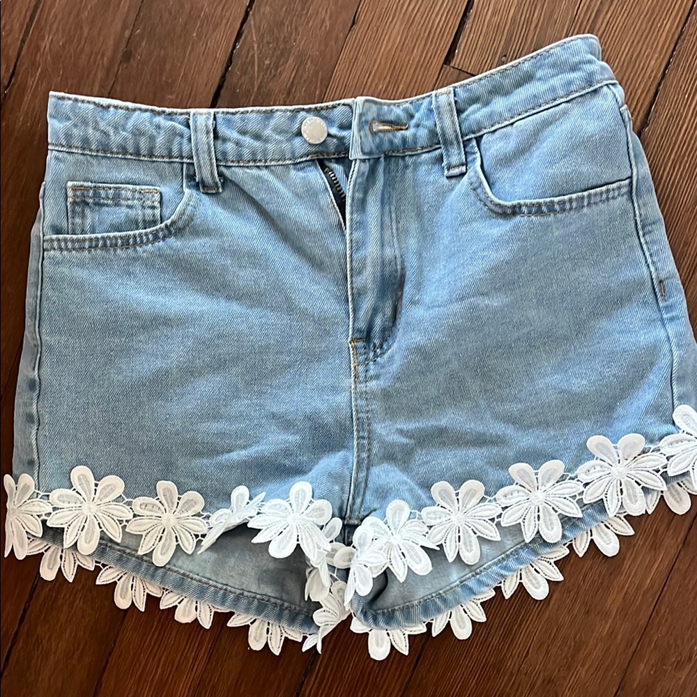 SHEIN Blue Jean Shorts with White Floral Trim